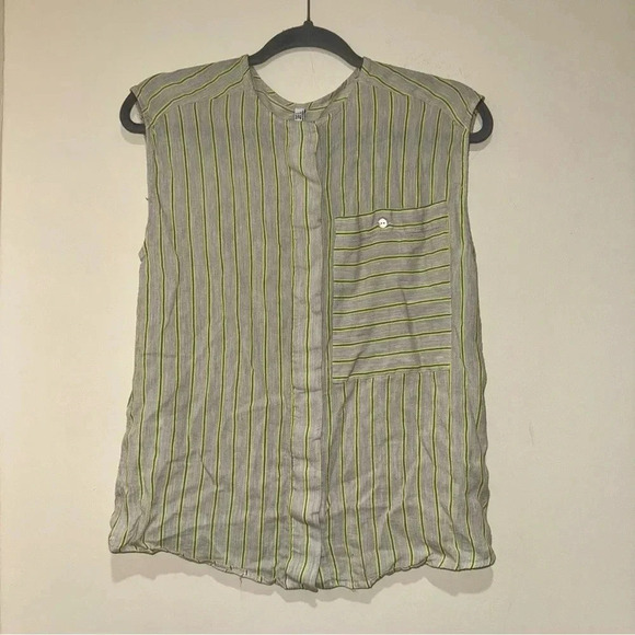Women’s Mango  Brand Lime Green Grey Striped Hidden Buttons Tank Blouse Size 4 - Picture 1 of 11